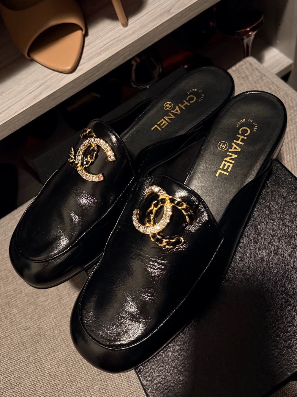 CHANEL Black Leather Crystal CC Slip-On Mules with Gold-Tone Logo